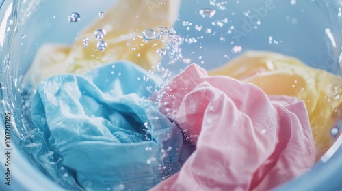 Close up of colorful clothes being washed in a washing machine with water splashing.