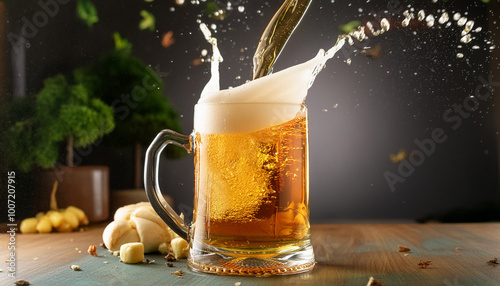Beer in a glass jar on black gradient restaurant background photo
