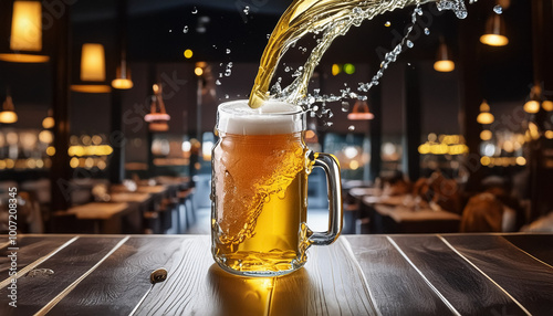 Beer in a glass jar on black gradient restaurant background photo