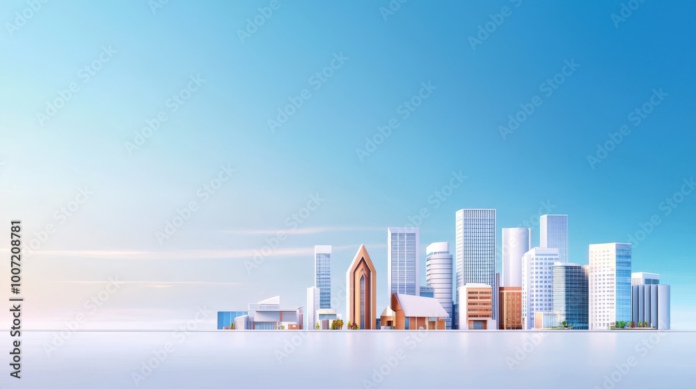 Small city skyline with low-rise buildings and a peaceful atmosphere, set against a clear blue sky. Small city skyline with low-rise buildings and a peaceful atmosphere, set against a clear blue sky.