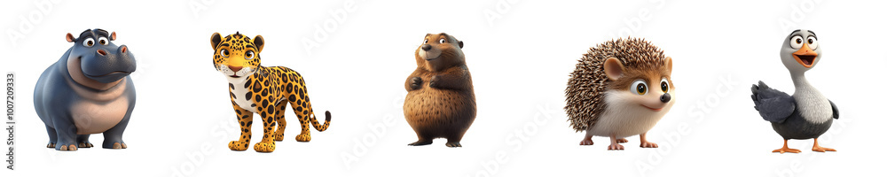Obraz premium Collection set of animals Hippopotamus Jaguar Beaver Hedgehog Goose isolated on transparent background 3D fun cartoon style