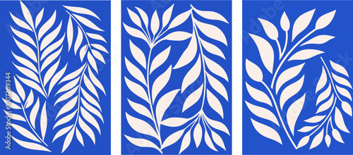 Abstract floral posters on blue background. Modern fashionable minimalistic style. Hand drawn wallpaper, wall decor, print, card, cover, template, banner. EPS 10.