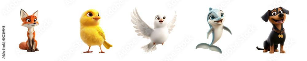 Collection set of animals Fox Canary Dove Dolphin Dog isolated on transparent background 3D fun cartoon style Collection set of animals Fox Canary Dove Dolphin Dog isolated on transparent background 3D fun cartoon style