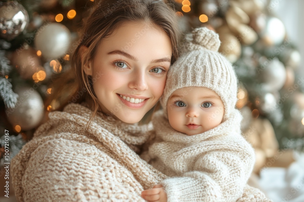 Beautiful young mother and her adorable little baby in warm knitted hats and scarves on the background of the Christmas tree