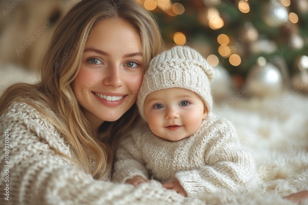 Beautiful young mother and her adorable little baby in warm knitted hats and scarves on the background of the Christmas tree Beautiful young mother and her adorable little baby in warm knitted hats and scarves on the background of the Christmas tree