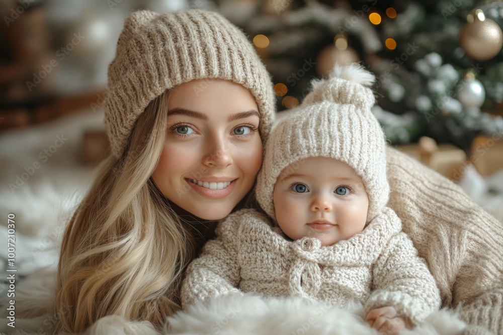 Beautiful young mother and her adorable little baby in warm knitted hats and scarves on the background of the Christmas tree