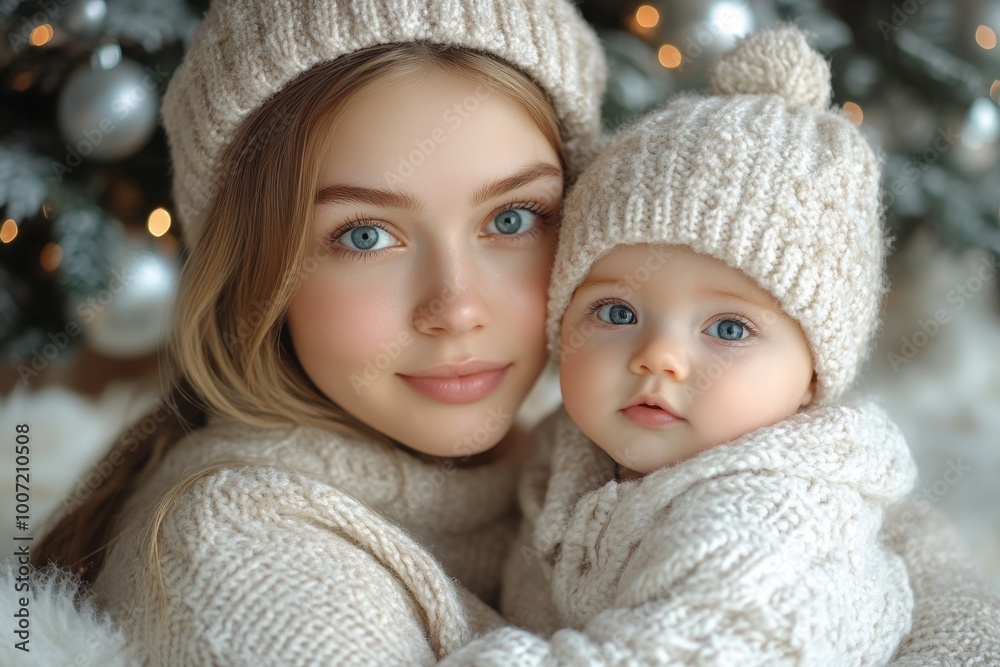 Beautiful young mother and her adorable little baby in warm knitted hats and scarves on the background of the Christmas tree