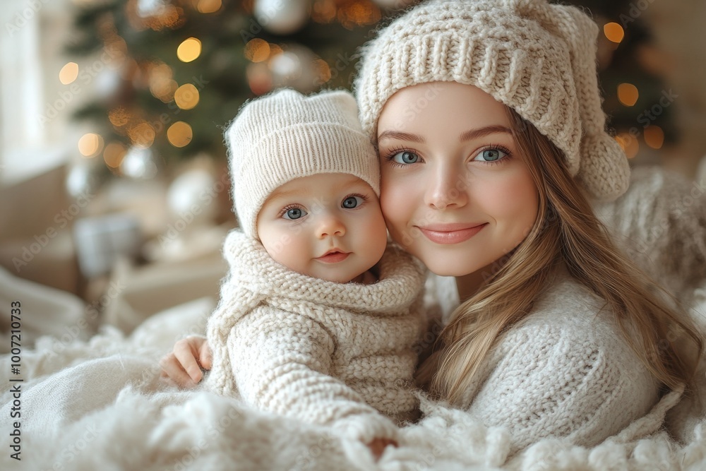 Beautiful young mother and her adorable little baby in warm knitted hats and scarves on the background of the Christmas tree Beautiful young mother and her adorable little baby in warm knitted hats and scarves on the background of the Christmas tree