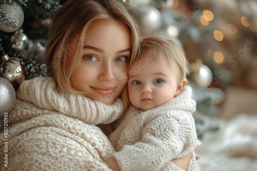 Beautiful young mother and her adorable little baby in warm knitted hats and scarves on the background of the Christmas tree