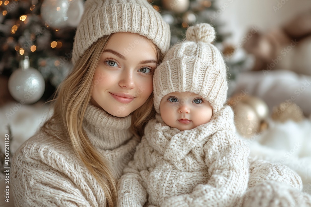 Beautiful young mother and her adorable little baby in warm knitted hats and scarves on the background of the Christmas tree Beautiful young mother and her adorable little baby in warm knitted hats and scarves on the background of the Christmas tree