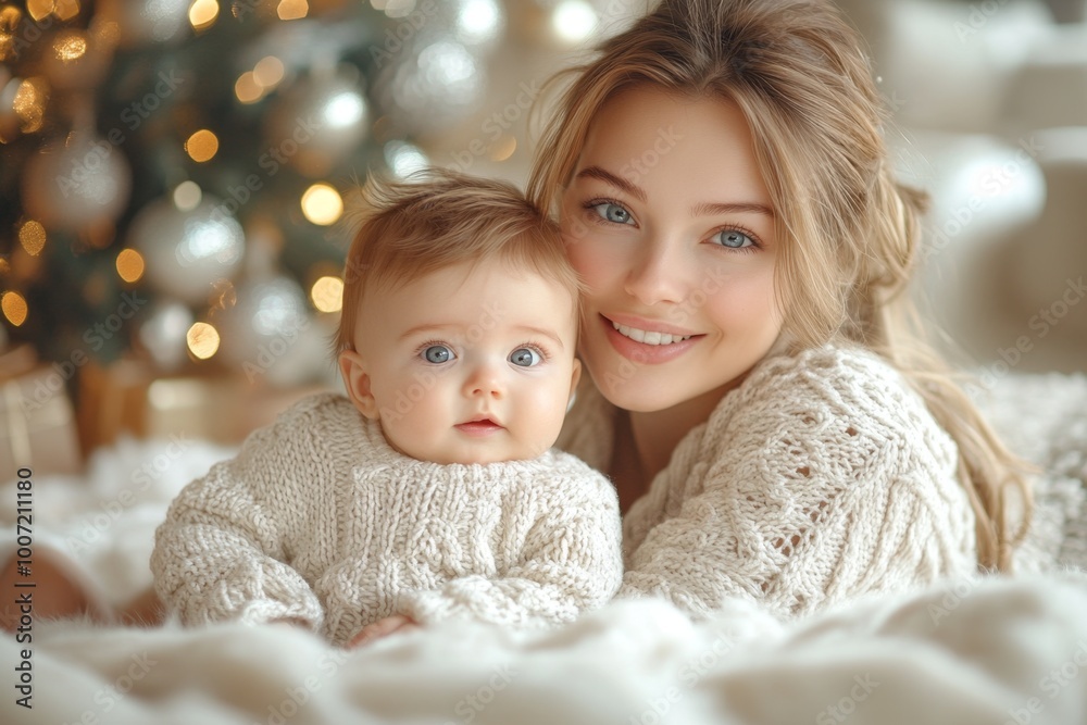 Beautiful young mother and her adorable little baby in warm knitted hats and scarves on the background of the Christmas tree