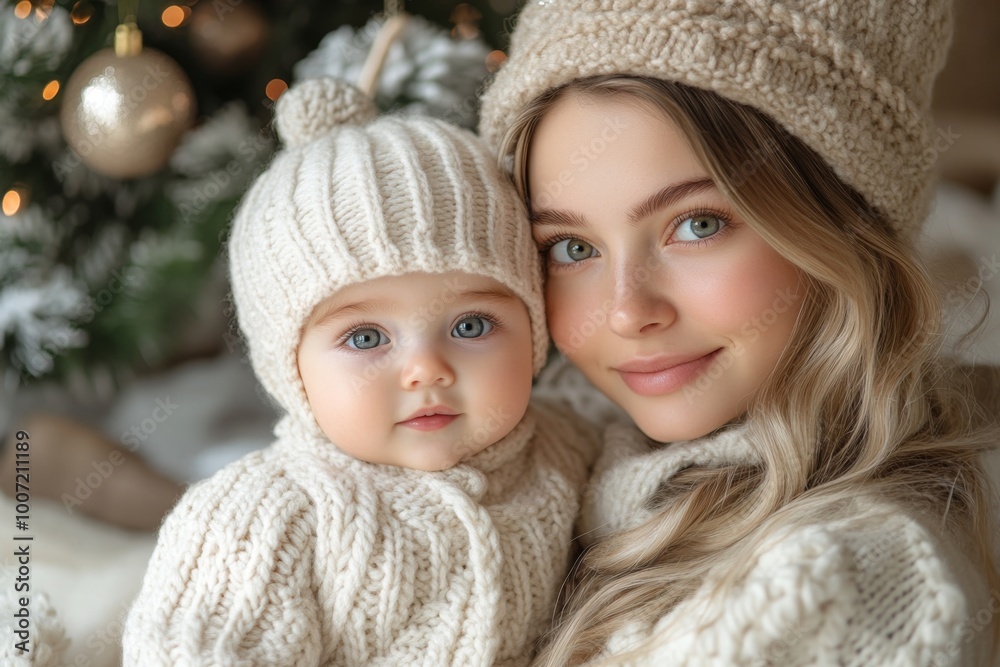Beautiful young mother and her adorable little baby in warm knitted hats and scarves on the background of the Christmas tree