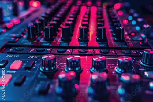 A close-up view of a professional mixing board used in a recording studio for audio production