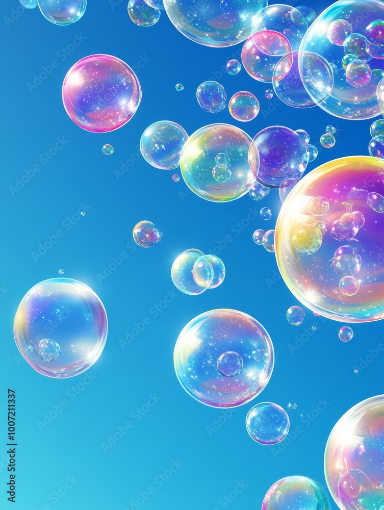Naklejka premium Bright, iridescent soap bubbles drift through a vibrant blue sky, capturing sunlight and creating a cheerful ambiance