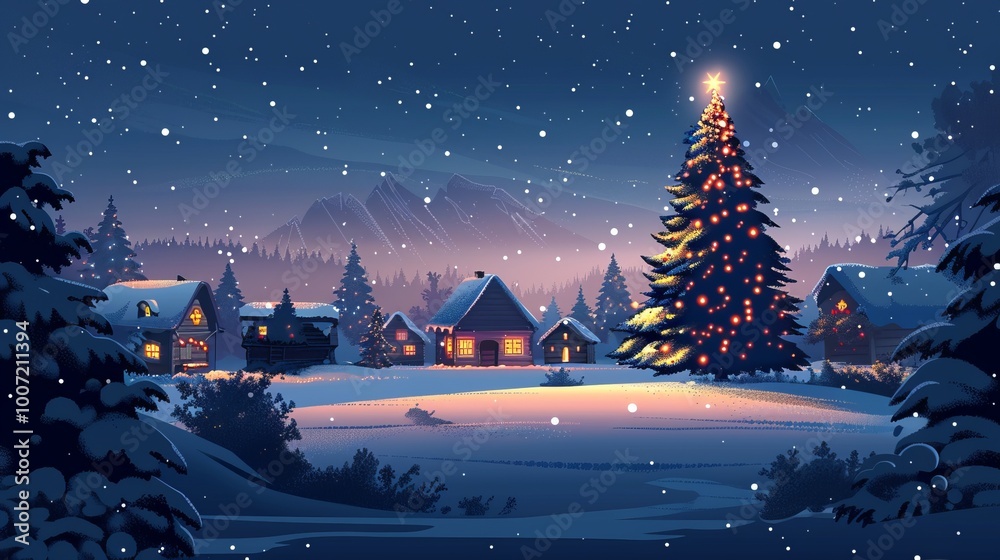 Naklejka premium A Christmas tree is lit up in a snowy forest. The scene is peaceful and serene, with the snow-covered ground and trees creating a beautiful winter landscape