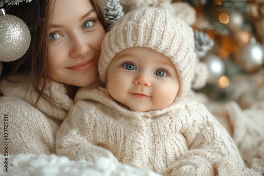 Beautiful young mother and her adorable little baby in warm knitted hats and scarves on the background of the Christmas tree Beautiful young mother and her adorable little baby in warm knitted hats and scarves on the background of the Christmas tree