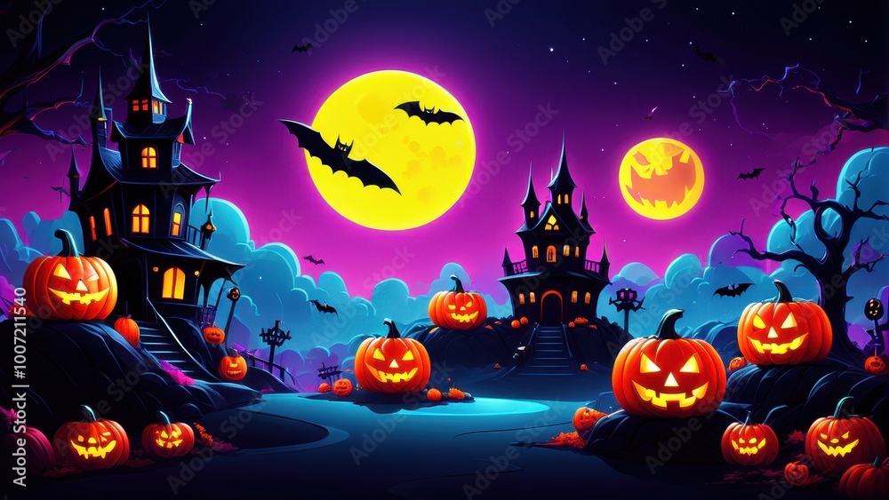 Fototapeta premium A spooky Halloween scene with haunted houses, glowing pumpkins, and a full moon.