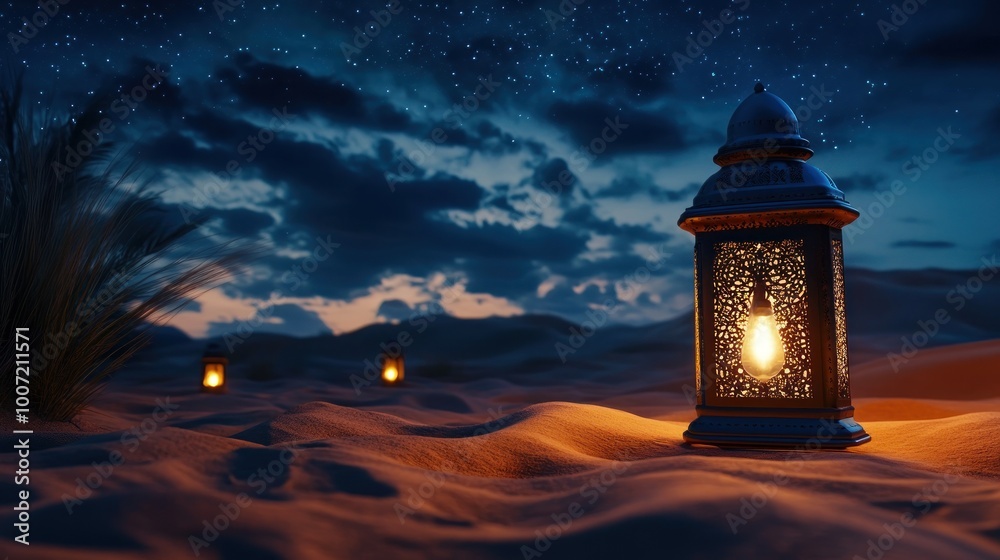 Ornate lantern glowing in the desert at night. Ornate lantern glowing in the desert at night.