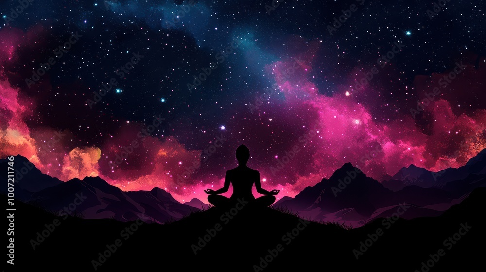 Fototapeta premium Silhouette human lotus position, meditation space galaxy cloud nebula, cosmos background wallpaper