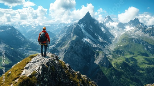 A hiker stands on a rocky mountain peak overlooking a vast valley with snow-capped mountains in the background.