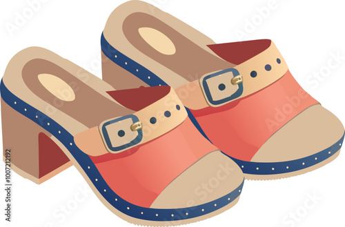 Pair of colorful platform clogs with buckles on white background