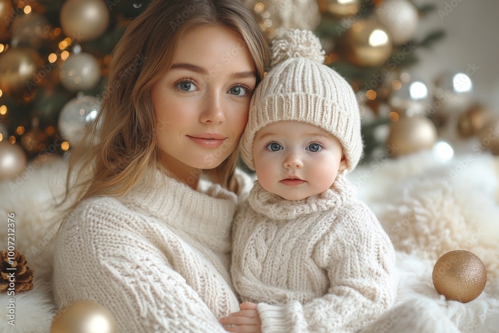 Beautiful young mother and her adorable little baby in warm knitted hats and scarves on the background of the Christmas tree Beautiful young mother and her adorable little baby in warm knitted hats and scarves on the background of the Christmas tree