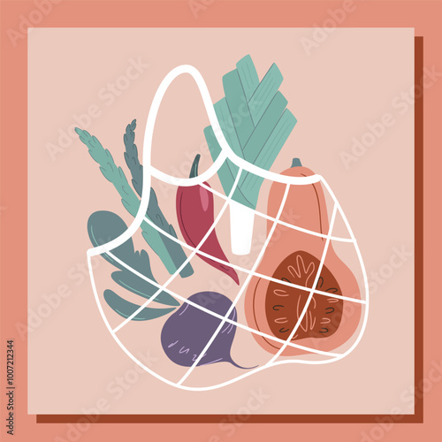 Vegetables in eco bag. Set of colourful vegetable icons. Healthy lifestyle illustration for print, web. Cute hand-drawn eco packaging and zero waste concept. Vector illustration in flat style