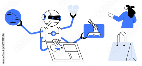 Robot with multiple arms showing justice scales, robotic arm, data charts, and shopping bag. Ideal for technology, automation, artificial intelligence, data management, ecommerce