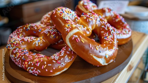 A tray of doughnuts with sprinkles on top. Octoberfest celebration, tradition, beer, festival, culture, joy, Germany, gathering, music, heritage, food concept photo