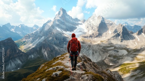 A lone hiker with a red backpack walks along the edge of a cliff overlooking a vast mountain range with snow-capped peaks.