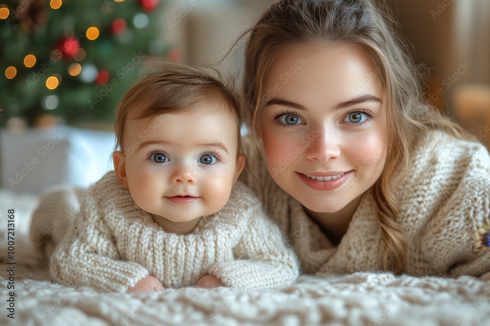 Beautiful young mother and her adorable little baby in warm knitted hats and scarves on the background of the Christmas tree Beautiful young mother and her adorable little baby in warm knitted hats and scarves on the background of the Christmas tree