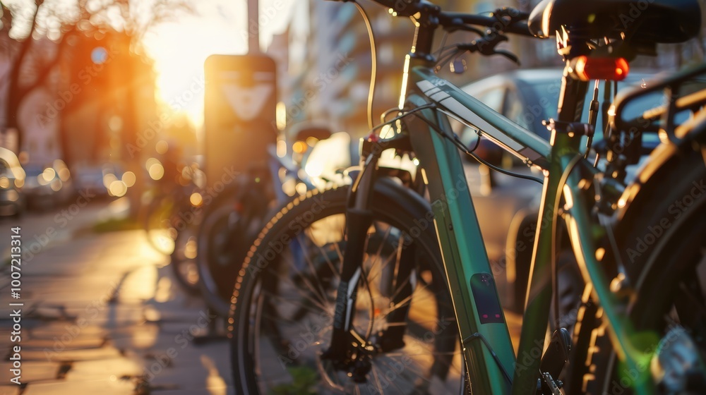 Obraz premium Generic Electric bicycle charging station. Shared electric bikes parked