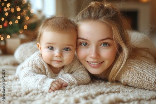 Beautiful young mother and her adorable little baby in warm knitted hats and scarves on the background of the Christmas tree