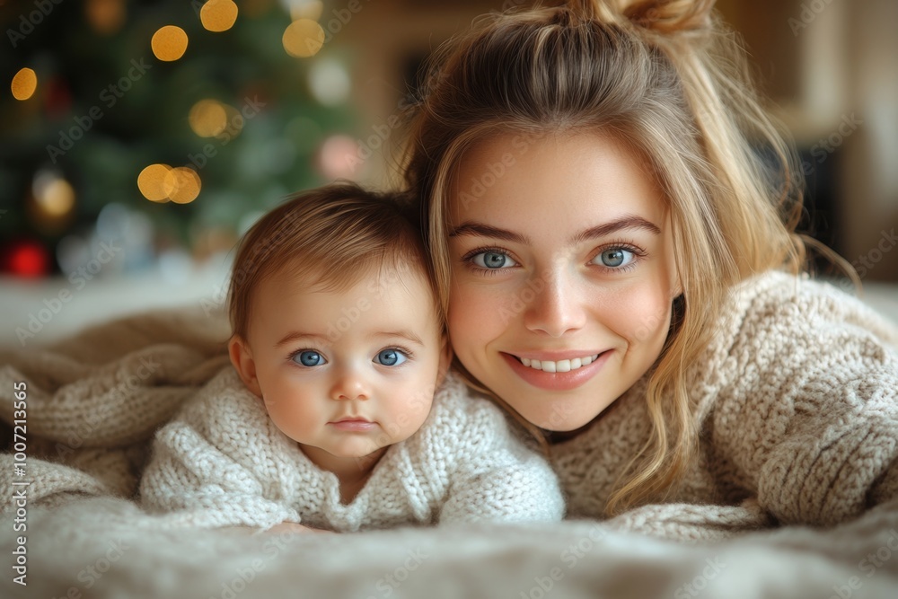 Beautiful young mother and her adorable little baby in warm knitted hats and scarves on the background of the Christmas tree
