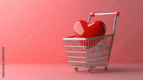 A red heart in a shopping cart on a pink background.