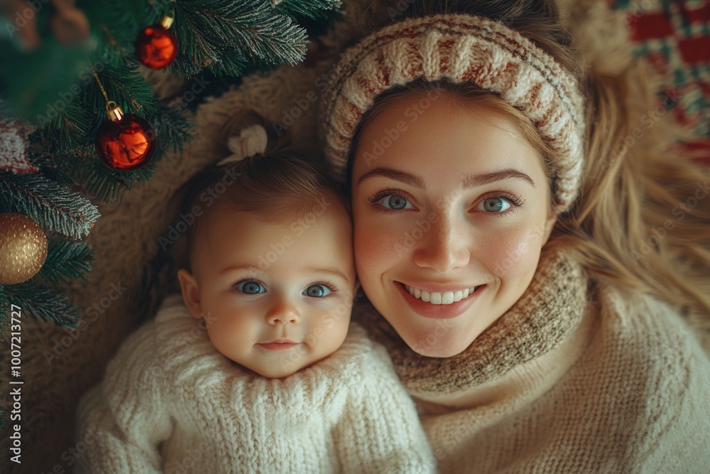 Beautiful young mother and her adorable little baby in warm knitted hats and scarves on the background of the Christmas tree