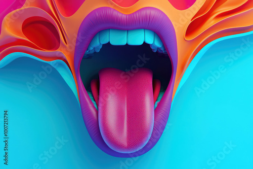 Colorful and abstract close-up shot of a person's mouth with tongue sticking out, psychedelic style