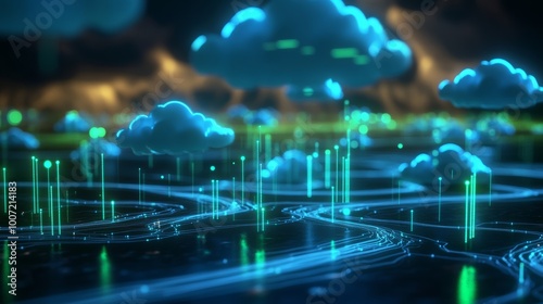 Glowing Digital Clouds Representing Virtual Data Storage and Transfer