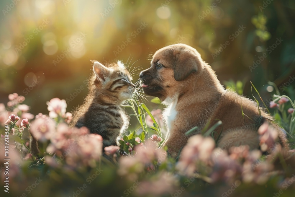 Obraz premium A sweet scene of a puppy and a kitten playing together in a colorful flower field