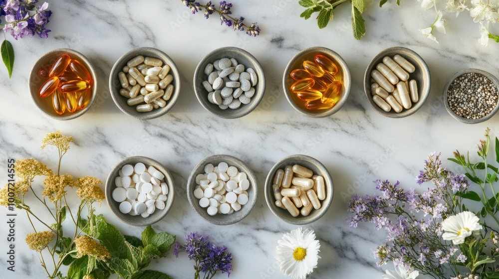 Top view of different dietary supplements in bowls, arranged by herbs and flowers on a marble surface. Healthy lifestyle concept, natural and alternative medicine.. Top view of different dietary supplements in bowls, arranged by herbs and flowers on a marble surface. Healthy lifestyle concept, natural and alternative medicine..