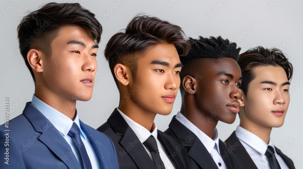 Diverse Group of Four Young Businessmen in Suits Pose for a Portrait, Isolated on White Background