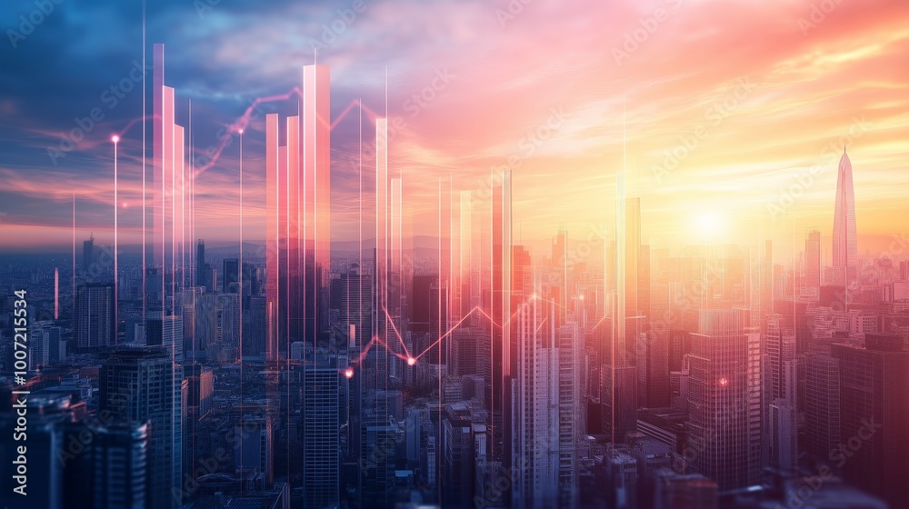 Bar charts emerging city landscape, symbolizing business, economic expansion. AI generated