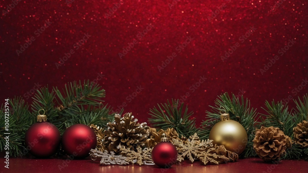 Fondo de Navidad rojo con la base decorada de bolas brillantes, hoja de abeto y piñas. Fondo de navidad Fondo de Navidad rojo con la base decorada de bolas brillantes, hoja de abeto y piñas. Fondo de navidad