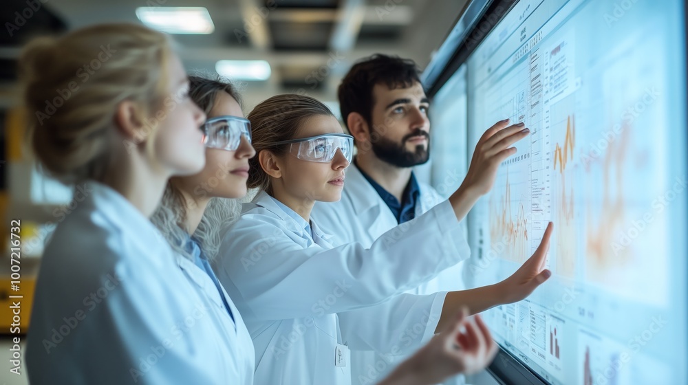 Scientists discussing results digital screen, data visualizations dynamic, collaborative. AI generated Scientists discussing results digital screen, data visualizations dynamic, collaborative. AI generated