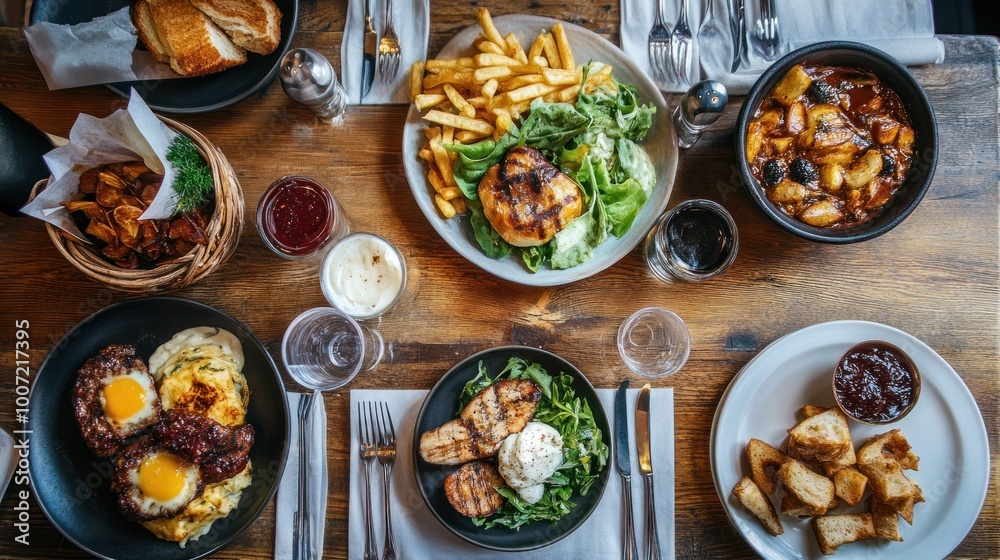 Overhead view of a rustic wooden table with six dinner plates, each with a different dish. Overhead view of a rustic wooden table with six dinner plates, each with a different dish.