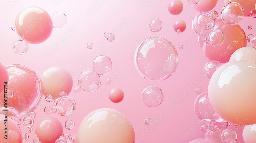 Floating bubbles with reflections on a soft pink background Floating bubbles with reflections on a soft pink background