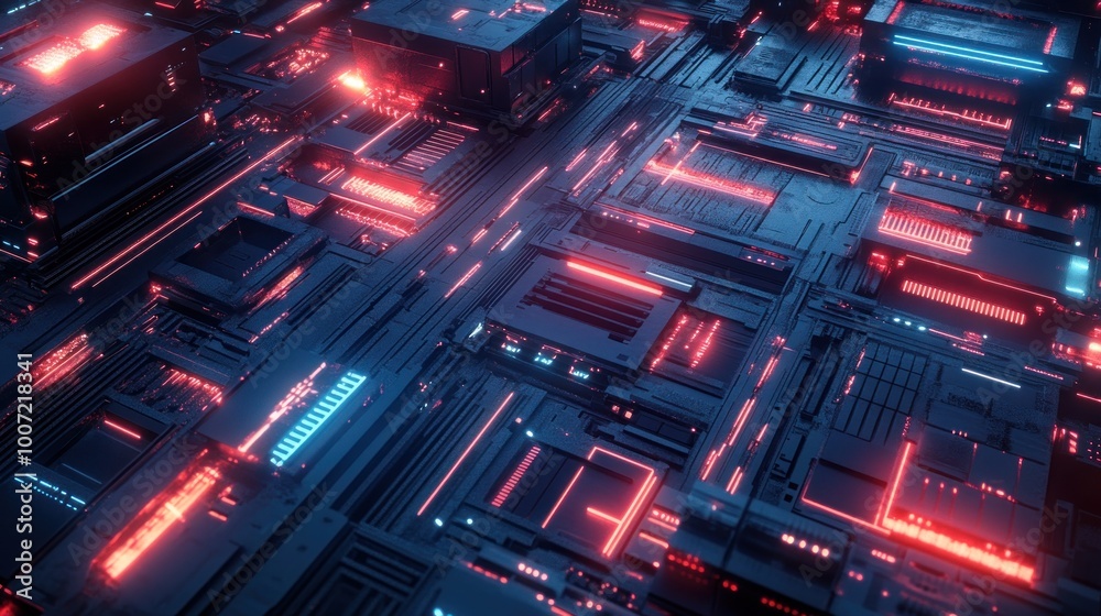 Abstract futuristic circuit board with red and blue neon lights. Abstract futuristic circuit board with red and blue neon lights.