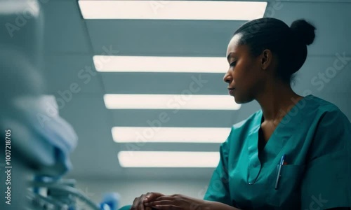 Overworked and Exhausted Black Woman Nurse Sitting on Hospital Floor