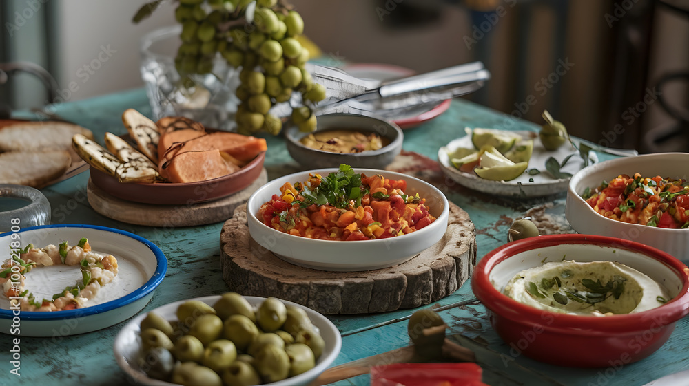 A rustic table set with a variety of mezze, including spicy muhammara, baba ghanoush, and fresh olives.
A rustic table set with a variety of mezze, including spicy muhammara, baba ghanoush, and fresh olives.