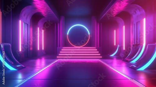 Futuristic Neon Lights with Platform and Arches.